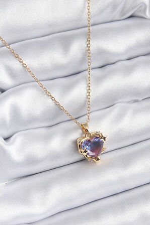 STİLLOVE 316L Çelik Zincir Gold Renk Mor Renk Zirkon Taşlı Kalp Model Kadın Kolye