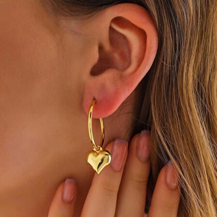 STİLLOVE Gümüş Gold Kalp Sallantılı Kadın Küpe