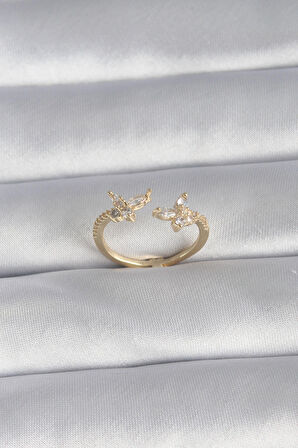 STİLLOVE Pirinç Gold Renk Zirkon Taşlı Kelebek Model Kadın Yüzük