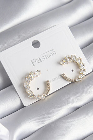 STİLLOVE Pirinç Gold Renk Zirkon Taşlı Kadın Küpe