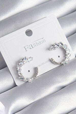 STİLLOVE Pirinç Gümüş Renk Zirkon Taşlı Kadın Küpe