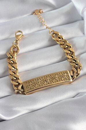 STİLLOVE 316L Çelik Gold Renk Zincir Model Motif İşleme Kadın Bileklik