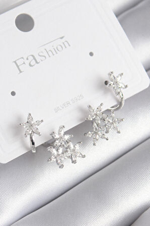 STİLLOVE Pirinç Gümüş Renk Zirkon Taşlı Çiçek Tasarım Kadın Küpe