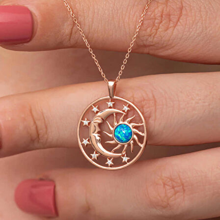 STİLLOVE Gümüş Rose Opal Mavi Taşlı Ay Güneş Kadın Kolye
