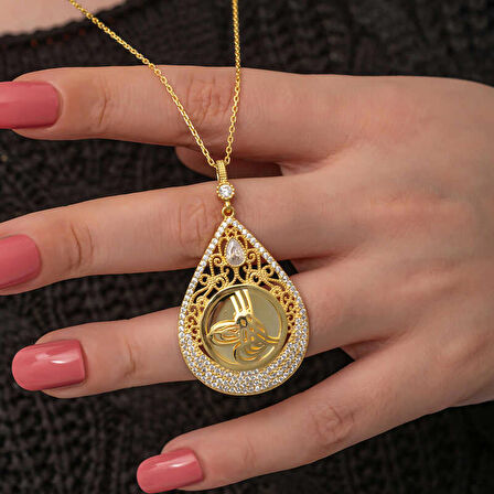 STİLLOVE Gümüş Gold Kaplama Damla Tuğralı Kadın Kolye