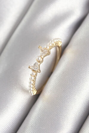 STİLLOVE Pirinç Gold Renk Zirkon Taşlı Kurdele İnci Detay Kadın Yüzük