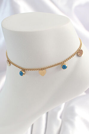 STİLLOVE 316L Çelik Gold Renk Zincir Model Kalp Figür Nazar Boncuk Detay Kadın HalHal