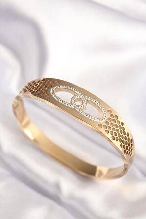 STİLLOVE 316L Çelik Gold Renk Zirkon Taşlı Kadın Kelepçe Bilezik