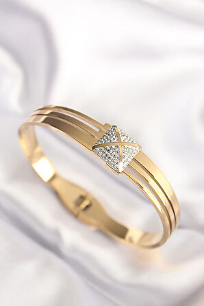 STİLLOVE 316L Çelik Zirkon Taşlı Gold Renk Kadın Kelepçe Bilezik