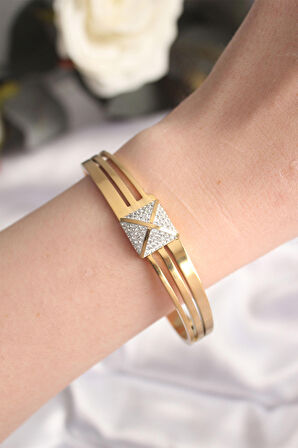 STİLLOVE 316L Çelik Zirkon Taşlı Gold Renk Kadın Kelepçe Bilezik