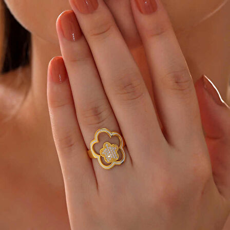 STİLLOVE ​Gümüş Gold Çiçek Desenli Kadın Yüzük