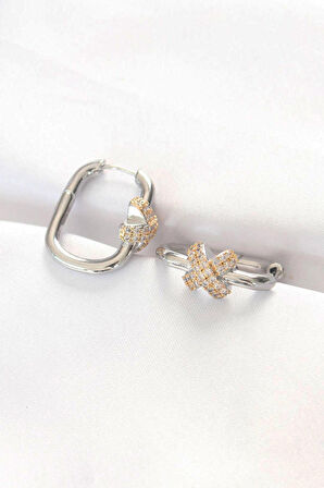 STİLLOVE Pirinç Çift Renk Taşlı X Tasarımlı Dikdörtgen Küpe