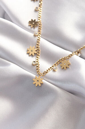 STİLLOVE 316L Çelik Taşlı Gold Renk Çoklu Çiçek Kolye