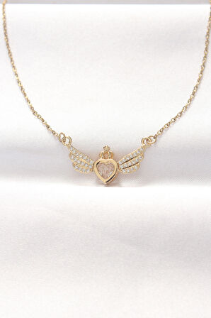 STİLLOVE 316L Çelik Gold Renk Zirkon Taşlı Kalpli Kanat Kolye