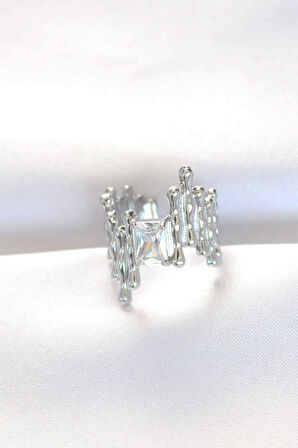 STİLLOVE Silver Renk Tırtıklı Kalın Baget Taş Tasarım Ayarlanabilir Yüzük