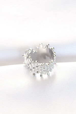 STİLLOVE Silver Renk Tırtıklı Kalın Baget Taş Tasarım Ayarlanabilir Yüzük