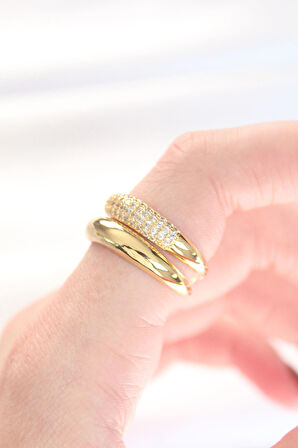 STİLLOVE 2li Görünümlü Zirkon Taşlı Gold Renk Ayarlanabilir Bombe Yüzük