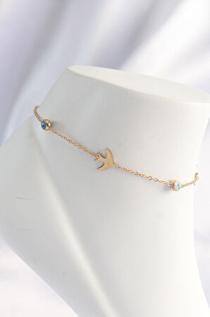 STİLLOVE 316L Çelik Gold Renk Nazar Boncuk Detay Kuş Tasarımlı Halhal