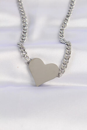 STİLLOVE 316L Çelik Zincir Gümüş Renk Düz Plaka Kalp Kolye