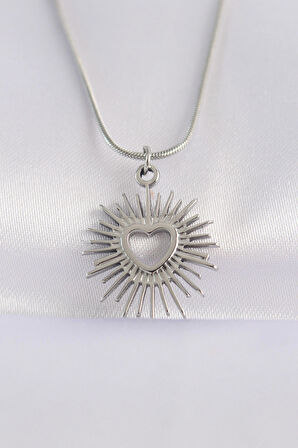 STİLLOVE 316L Çelik Zincir Gümüş Renk Kalp Güneşi Tasarımlı Kolye
