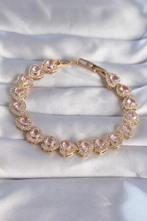 STİLLOVE Vip Seri Pirinç Gold Renk Pembe Zirkon Taşlı Kalp Tasarımlı Bileklik