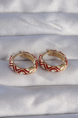 STİLLOVE Pirinç Gold Renk Kırmızı Etnik Desenli Halka Küpe