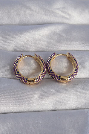STİLLOVE Pirinç Gold Renk Mor Etnik Desenli Halka Küpe