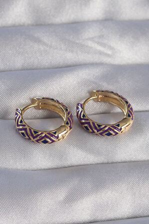 STİLLOVE Pirinç Gold Renk Mor Etnik Desenli Halka Küpe