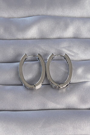 STİLLOVE Pirinç Gümüş Renk Zirkon Taşlı Oval Model Küpe