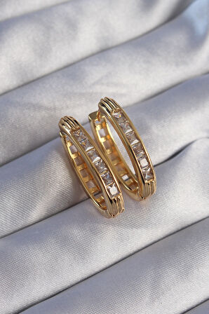 STİLLOVE Pirinç Gold Renk Zirkon Taşlı Oval Model Küpe