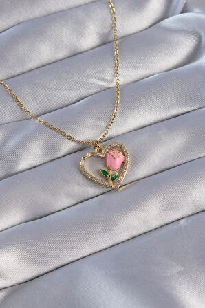 STİLLOVE 316L Çelik Zincirli Gold Renk Zirkon Taşlı Kalp İçinde Pembe Gül Tasarımlı Kolye