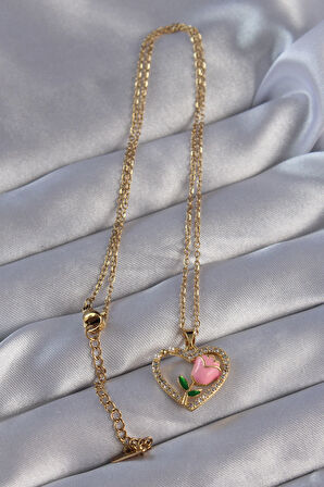 STİLLOVE 316L Çelik Zincirli Gold Renk Zirkon Taşlı Kalp İçinde Pembe Gül Tasarımlı Kolye