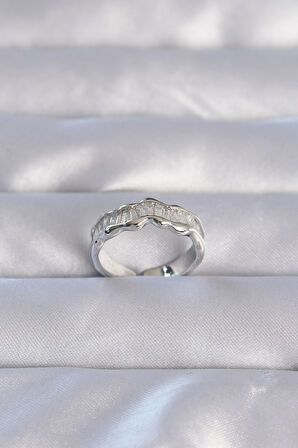 STİLLOVE Pirinç Gümüş Renk Zirkon Taşlı Dalgalı Su Yolu Model Ayarlanabilir Yüzük