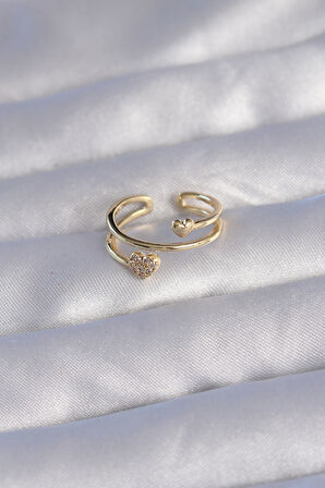STİLLOVE Pirinç Gold Renk Zirkon Taşlı Kalpli Model Ayarlanabilir Yüzük
