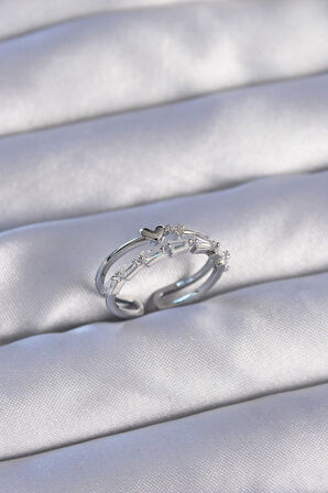 STİLLOVE Pirinç Gümüş Renk Zirkon Taşlı Kalpli 2li Görünüm Ayarlanabilir Yüzük