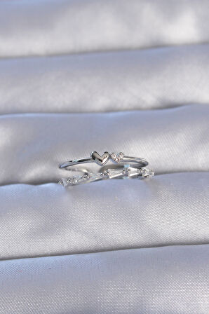 STİLLOVE Pirinç Gümüş Renk Zirkon Taşlı Kalpli 2li Görünüm Ayarlanabilir Yüzük