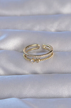 STİLLOVE Pirinç Gold Renk Zirkon Taşlı Kalpli Su Yolu Model Ayarlanabilir Yüzük