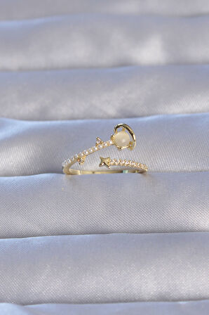 STİLLOVE Pirinç Gold Renk Zirkon Taşlı İncili Satürn Model Ayarlanabilir Yüzük