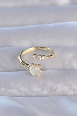 STİLLOVE Pirinç Gold Renk Zirkon Taşlı Sedefli Kalp Model Ayarlanabilir Yüzük