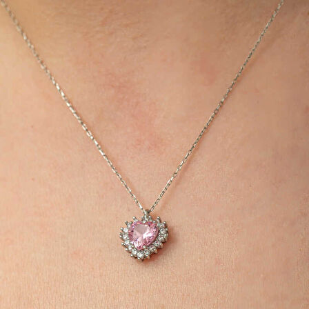 STİLLOVE Gümüş Pembe Taşlı Kalp Kadın Kolye