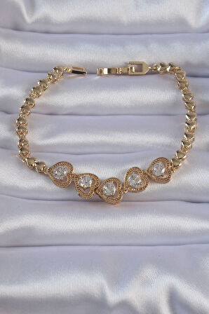STİLLOVE Pirinç Gold Renk İçi Zirkon Taşlı Kalp Figürlü Bileklik