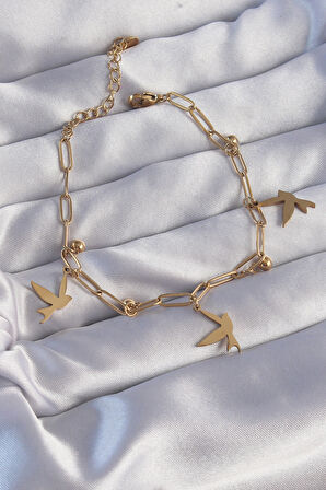 STİLLOVE 316L Çelik Gold Renk Kuş Tasarımlı Topçuk Detay Zincir Bileklik