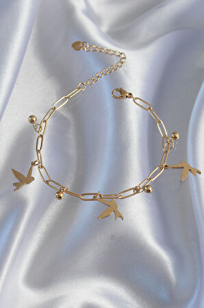 STİLLOVE 316L Çelik Gold Renk Kuş Tasarımlı Topçuk Detay Zincir Bileklik