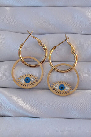 STİLLOVE 316L Çelik Gold Renk Zirkon Taşlı Mavi Göz Tasarımlı Halka Küpe