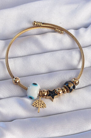 STİLLOVE 316L Çelik Gold Renk Siyah Zirkon Taşlı Yıldız Tasarımlı Ağaç Detay Nazarlı Charm Bileklik