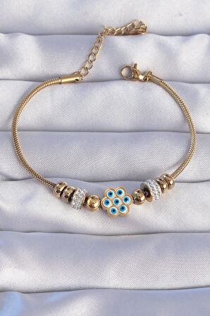 STİLLOVE 316L Çelik Gold Renk Zirkon Taşlı Nazarlı Çiçek Tasarımlı Bileklik
