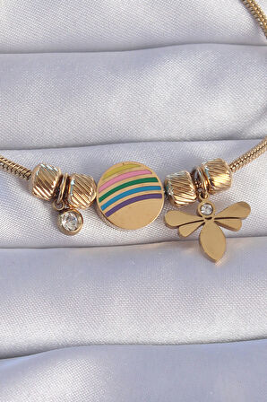 STİLLOVE 316L Çelik Gold Renk Zirkon Taşlı Gökkuşağı Tasarımlı Yusufçuk Bileklik