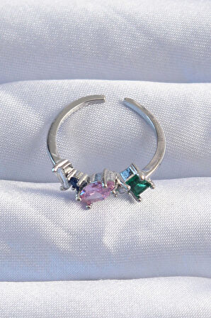 STİLLOVE Pirinç Gümüş Renk Renkli Zirkon Taşlı Ayarlanabilir Yüzük