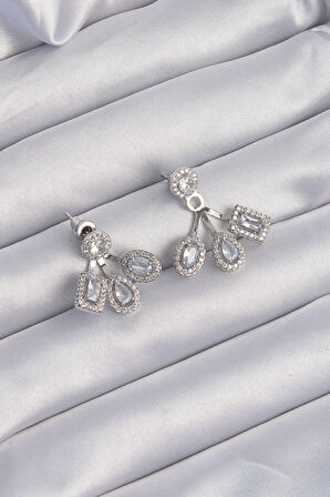 STİLLOVE Pirinç Gümüş Renk Zirkon Taşlı Geometrik Model Küpe