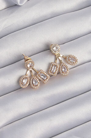 STİLLOVE Pirinç Gold Renk Zirkon Taşlı Geometrik Model Küpe